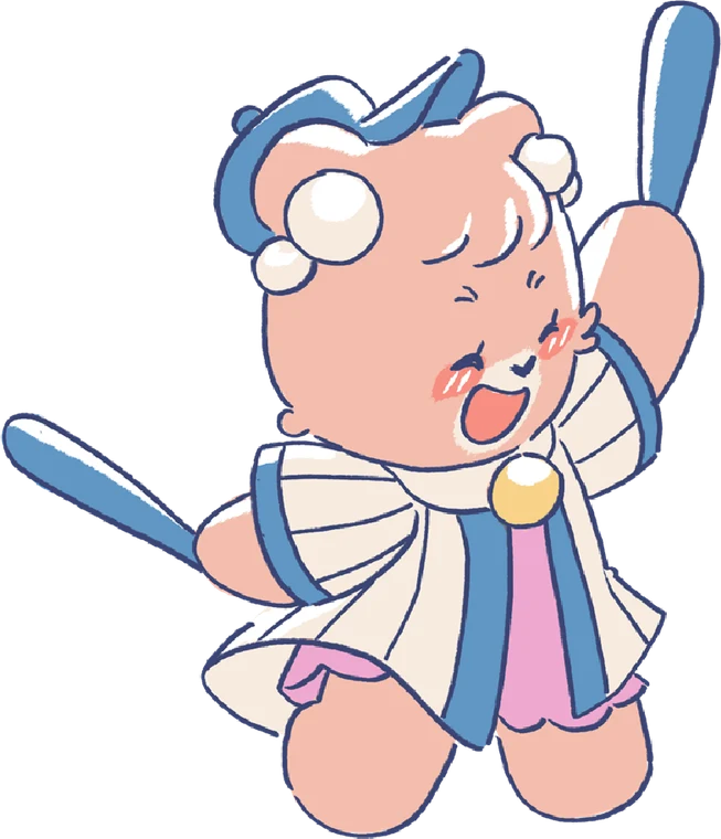 Mina Kuma, a pink bear with a bow, cheering